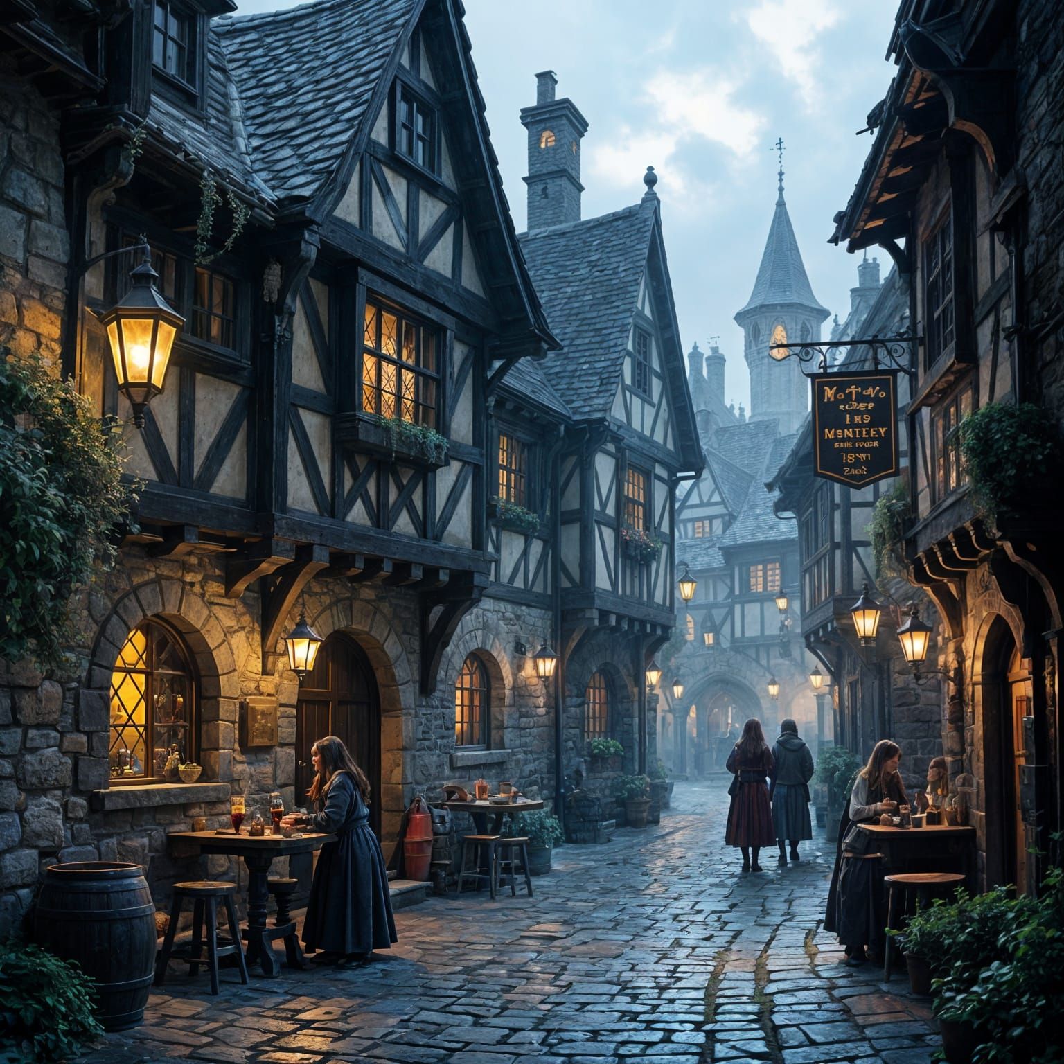 Medieval Tavern Light Spills into Dark Alley