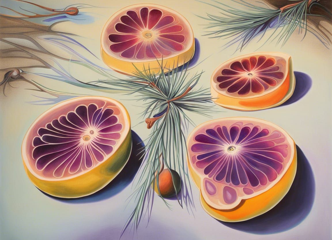 Surreal Fruit Slices on Pine Needles, Oil on Canvas