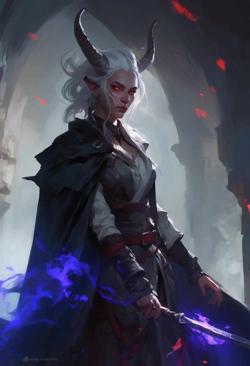 Tiefling Magus Warrior with Magic Sword, Gothic Art