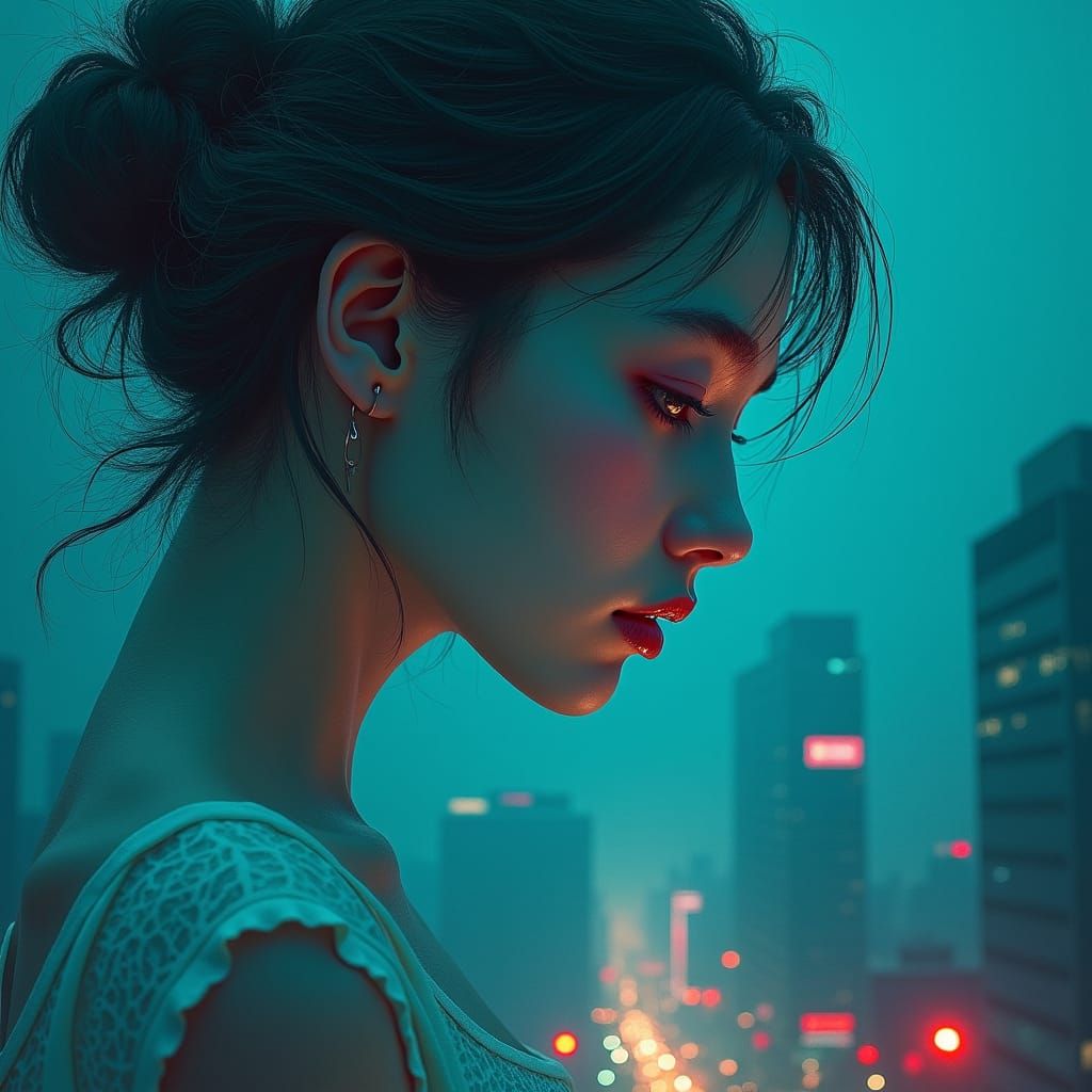 Dreamlike Face Above Cityscape in Fantasy Concept Art