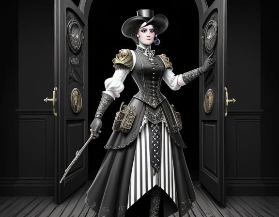 Steampunk Woman in Doorway, Lichtenstein-style Line Art