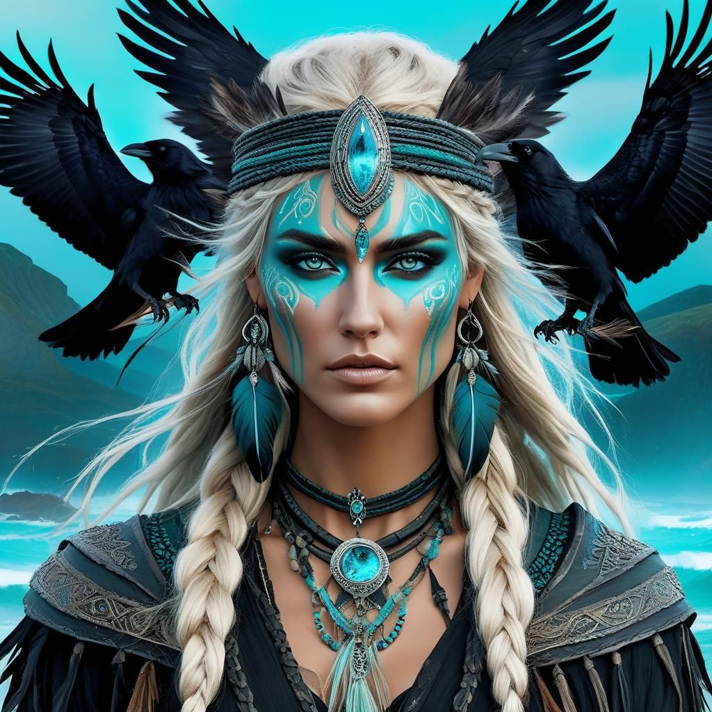 Scandinavian Witch with Raven Feathers and Runes
