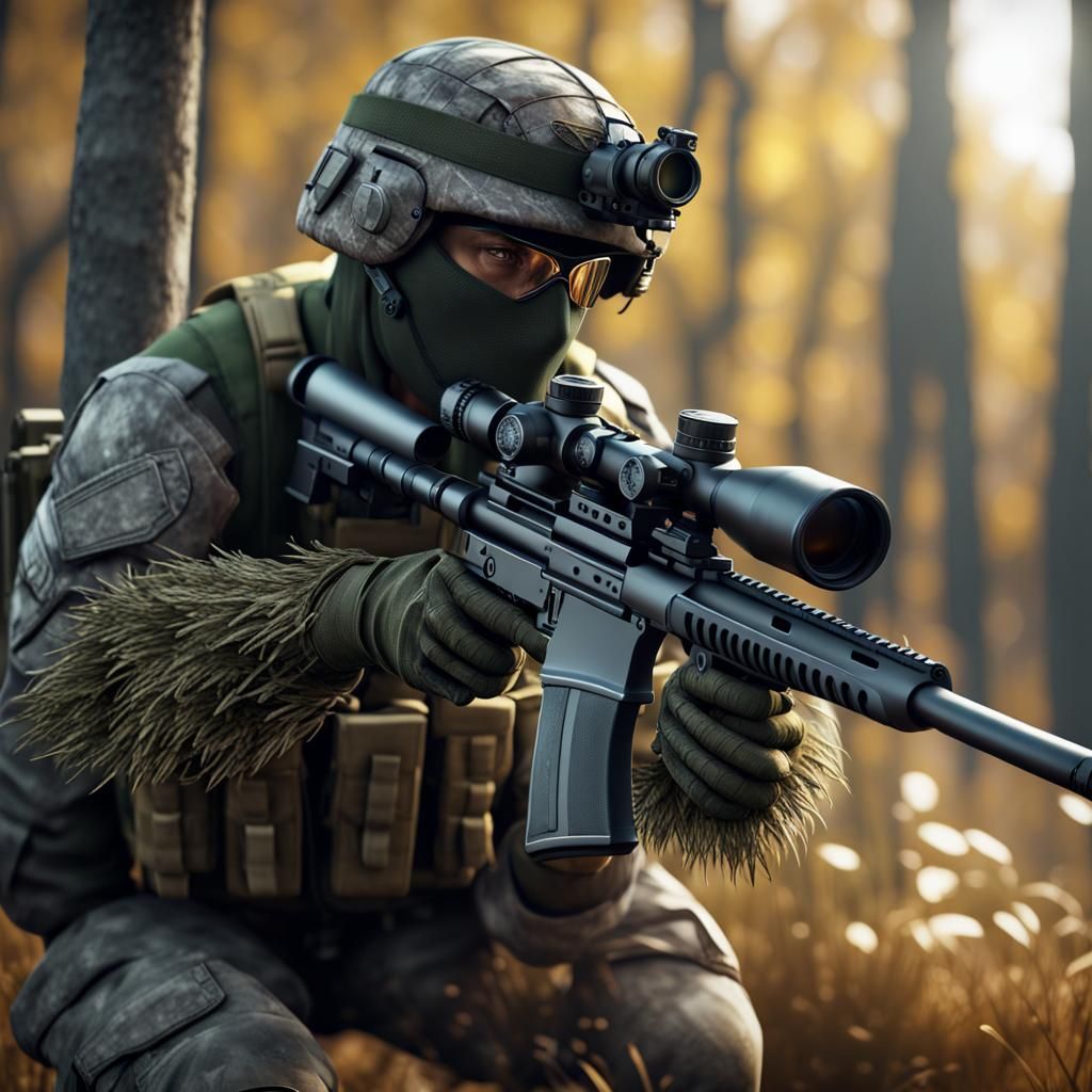 Ghillie Suit Sniper in Detailed 3D Game Scene