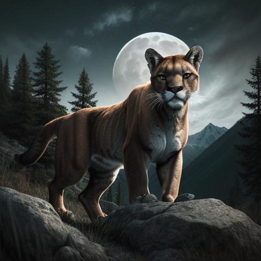 Mountain Lion in Wild Habitat Under Moonlight