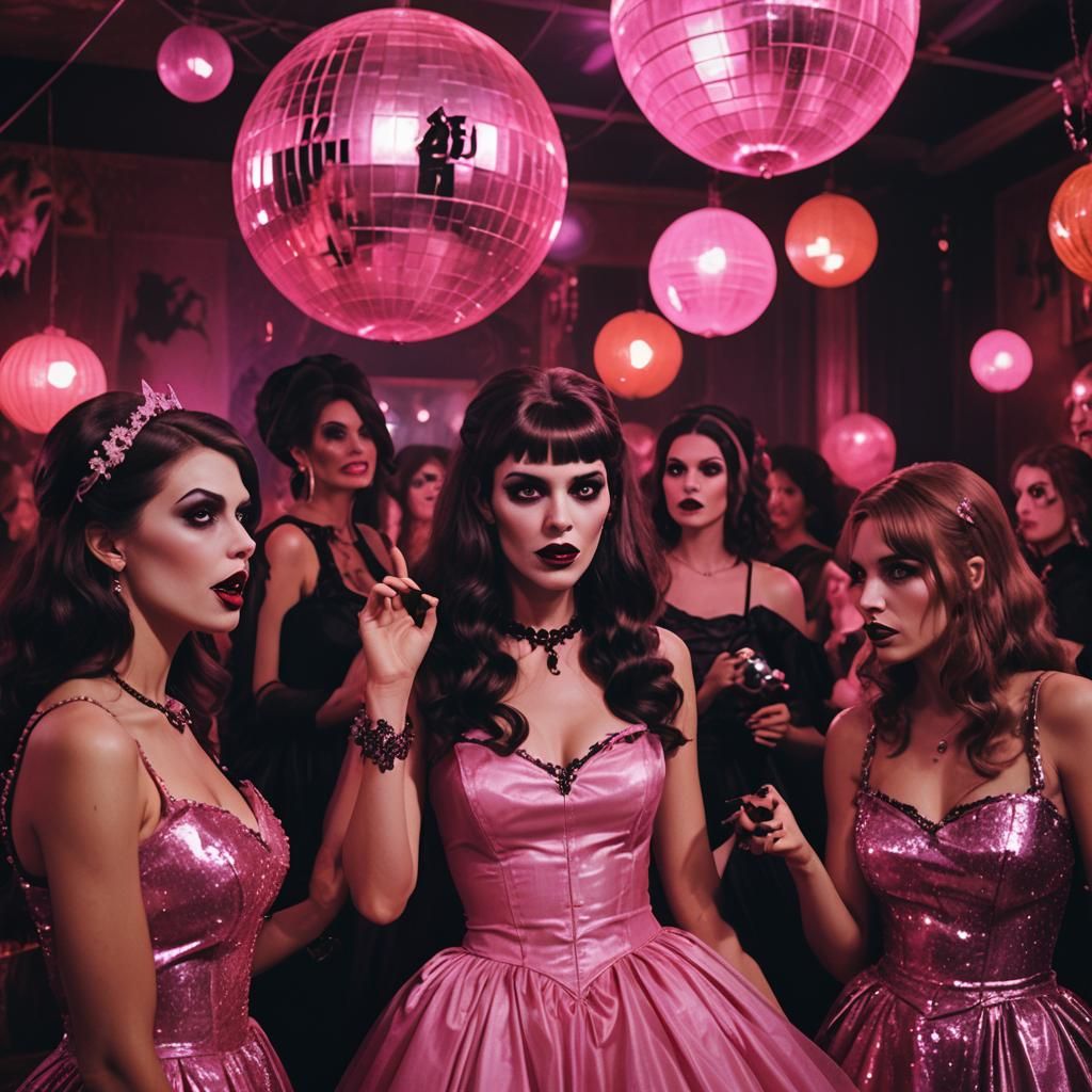 Vampire and Werewolf Girls at a Gothic Halloween Dance