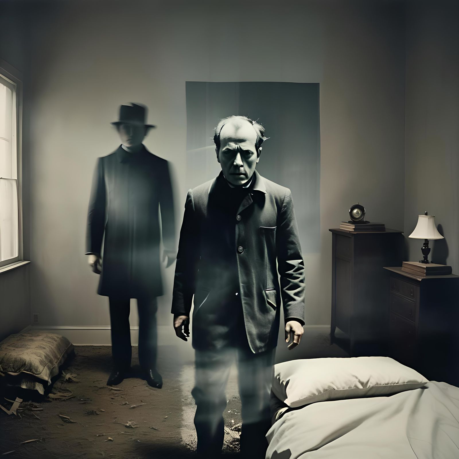 Eerie Double Exposure: Sleepwalking Nightmare Dreamscape