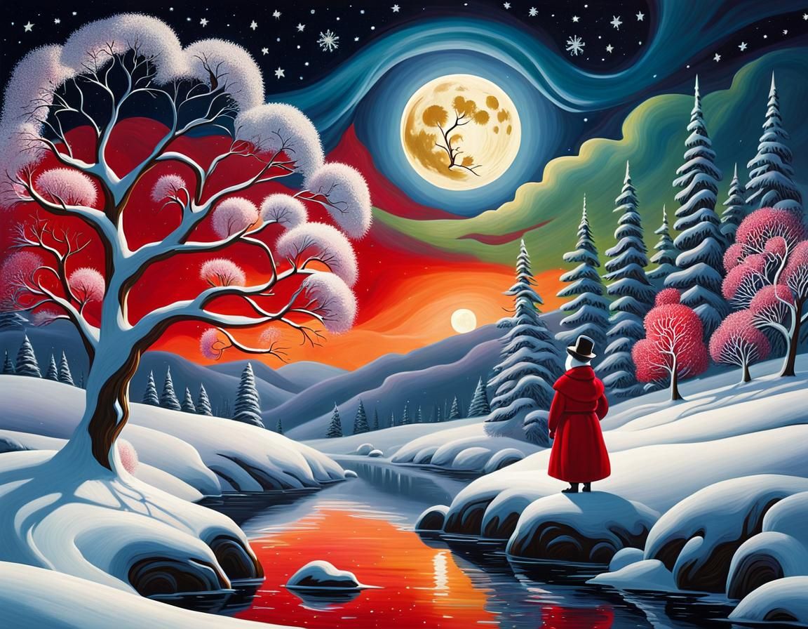 Enchanted Winter Night with Moonlit Snowman