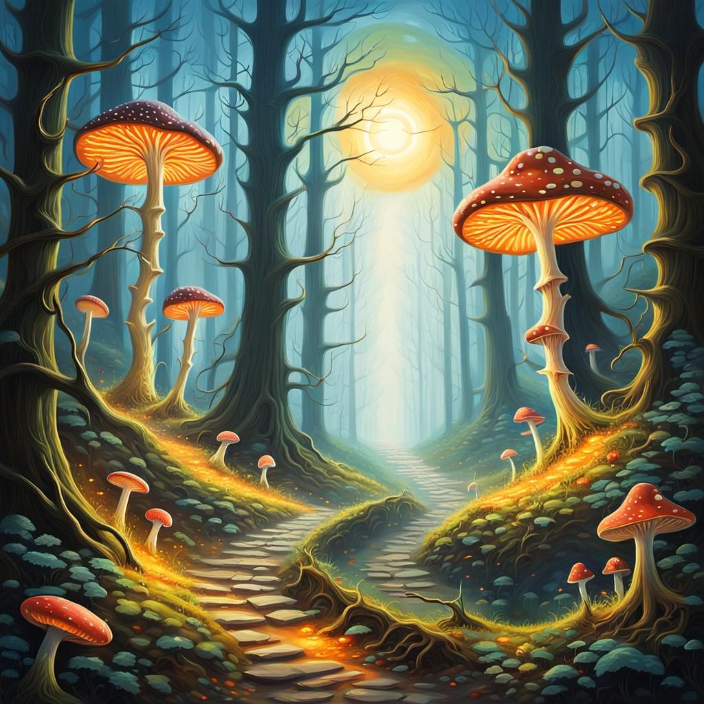 Eerie Forest Path to Radiant Light as Dreamlike Oil Painting