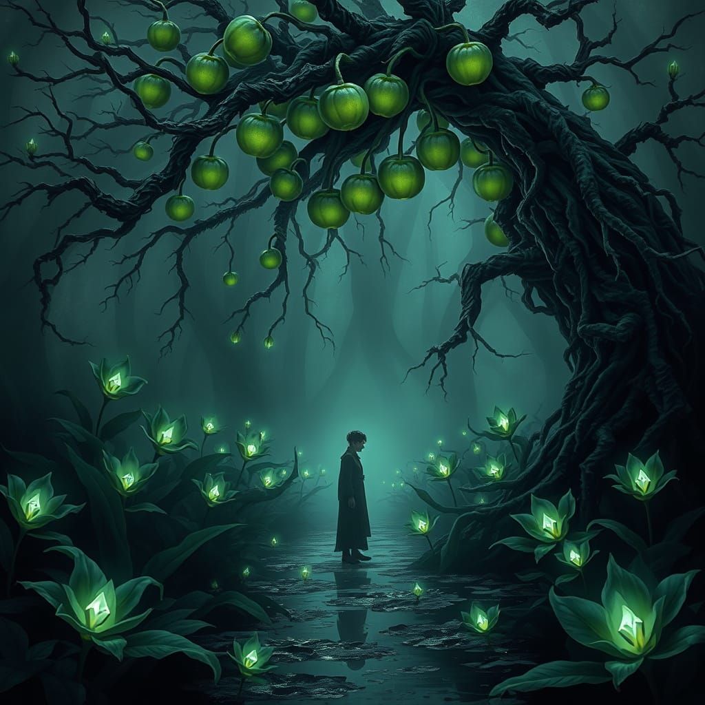 Mystical Figure in Primordial Swamp with Radiant Blossoms an...