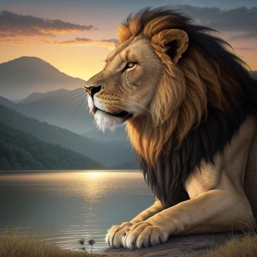 Lion at Sunset: A Hyper-Realistic African Scene
