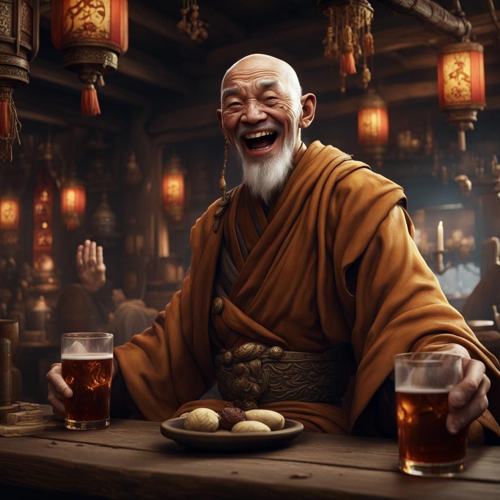 Laughing Monk in Tavern: Detailed Fantasy Art