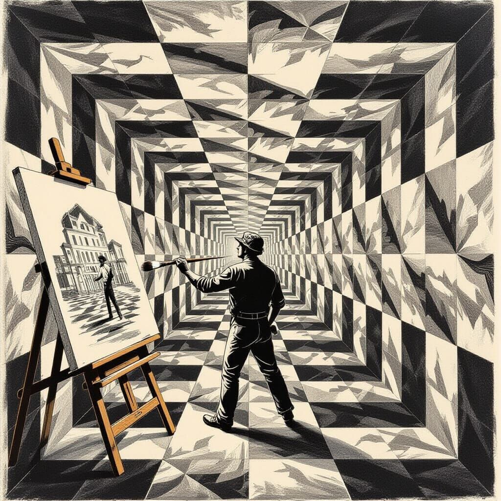 Escher-Style Lithograph of Painter in Infinite Loop