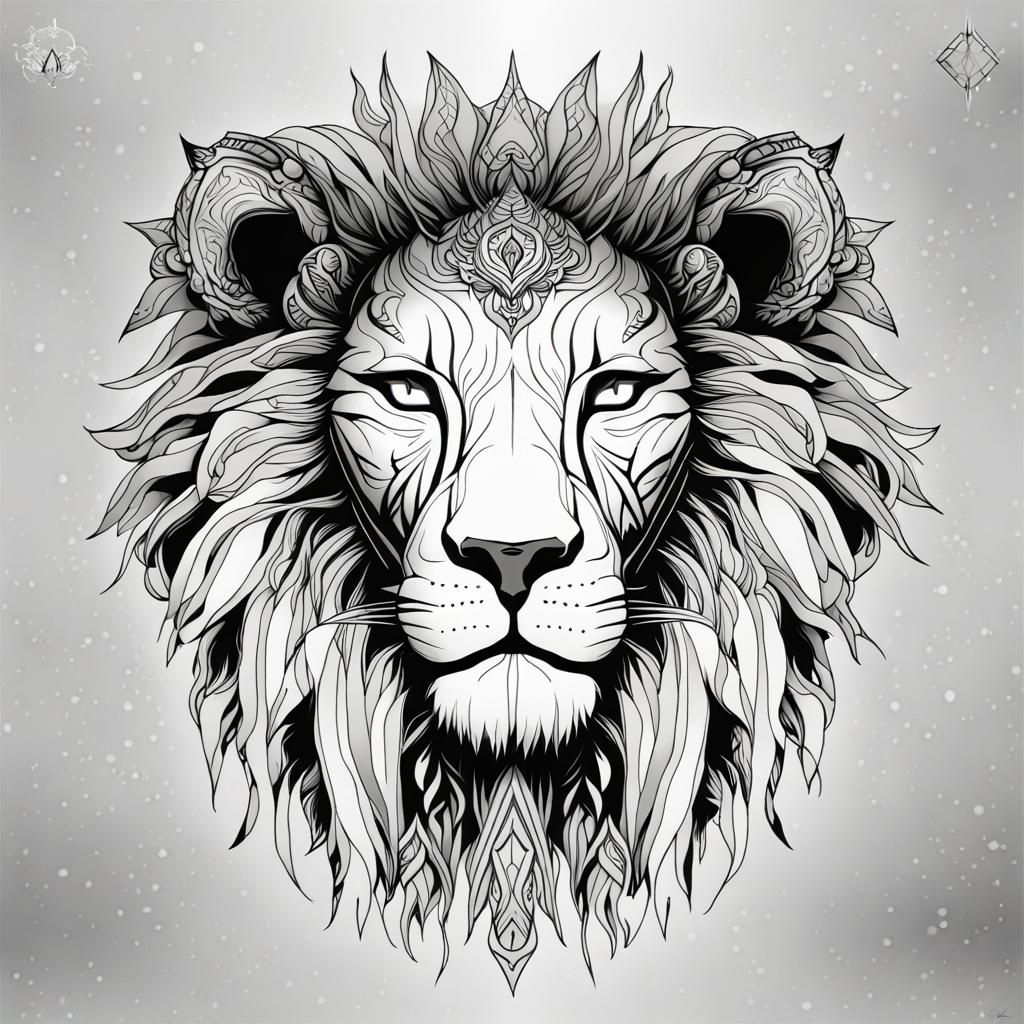 symmetry, one lion head and only facing front, glare, black and white,