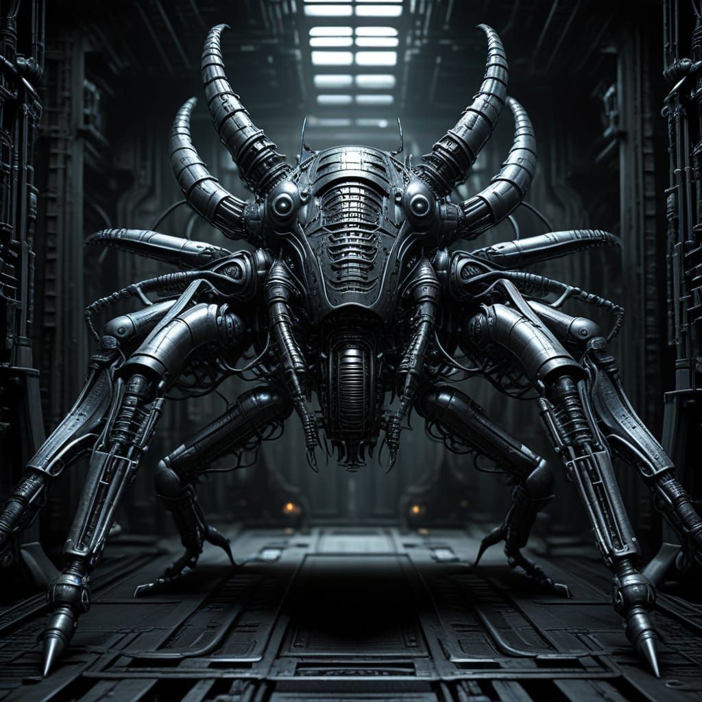 Mechanical Insect Unveiled in Dark Industrial Landscape