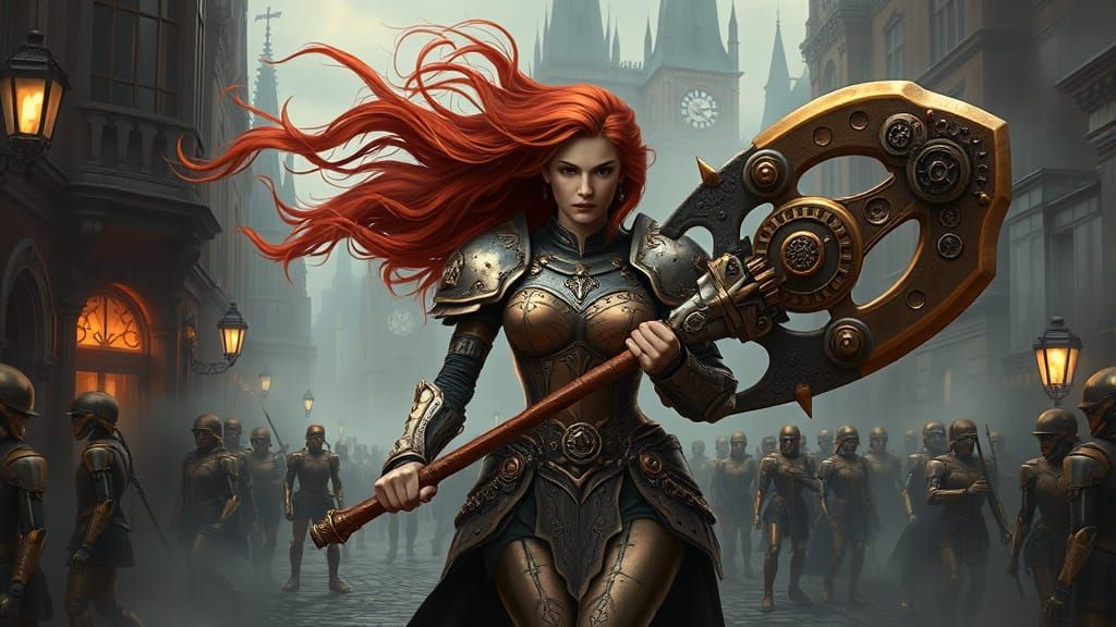 Steampunk Warrior Woman Strides Through Fog-Shrouded Elizabe...