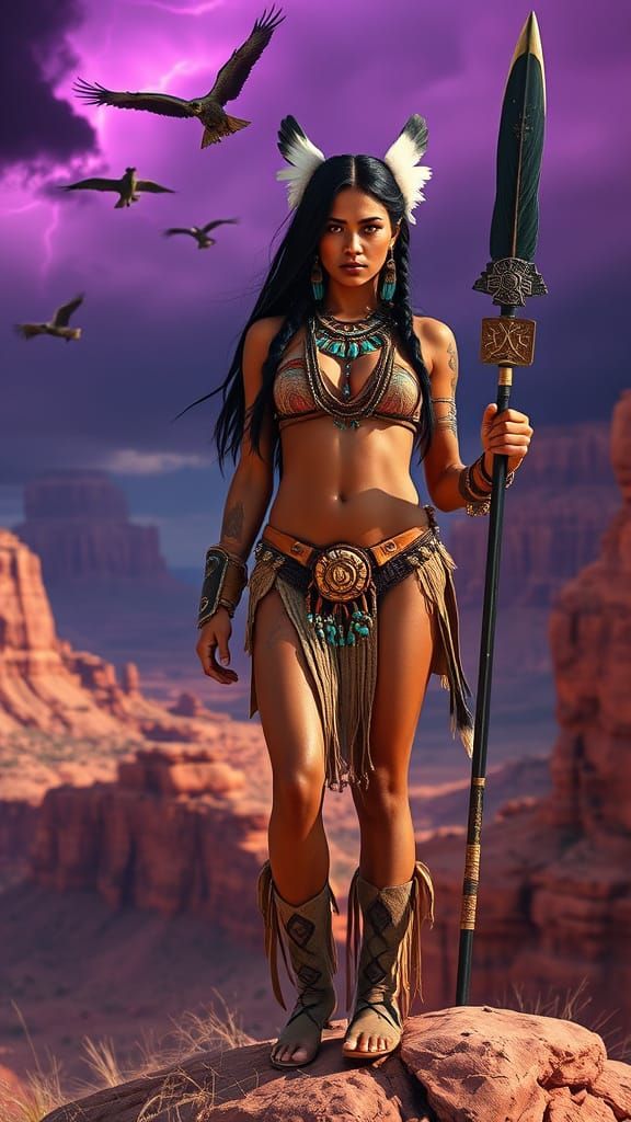 Native American Warrior Woman on Mesa in Sci-Fi Style