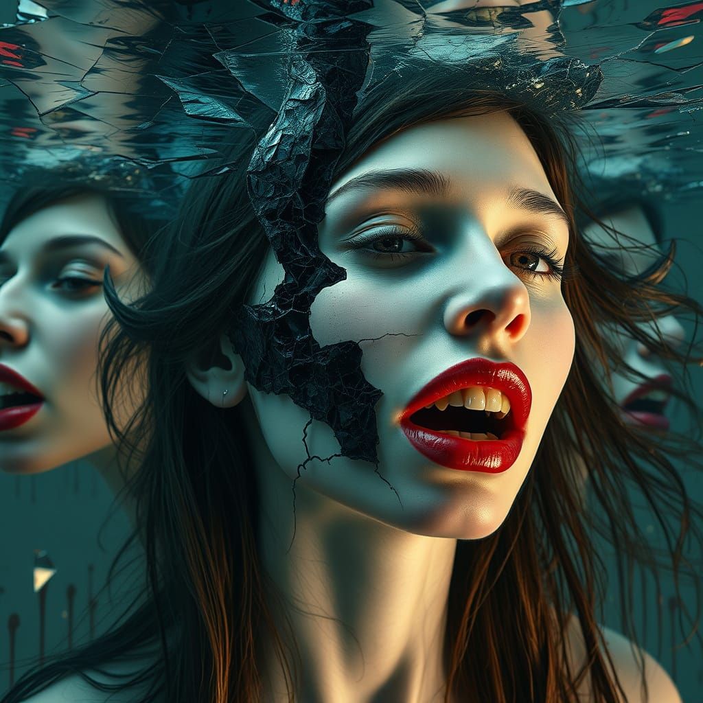 Cracked Serenity: A Dark Surrealist Portrait