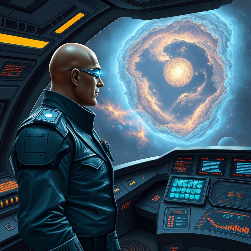 Cybernetic Space Admiral Stands Tall Amidst Cosmic Vistas