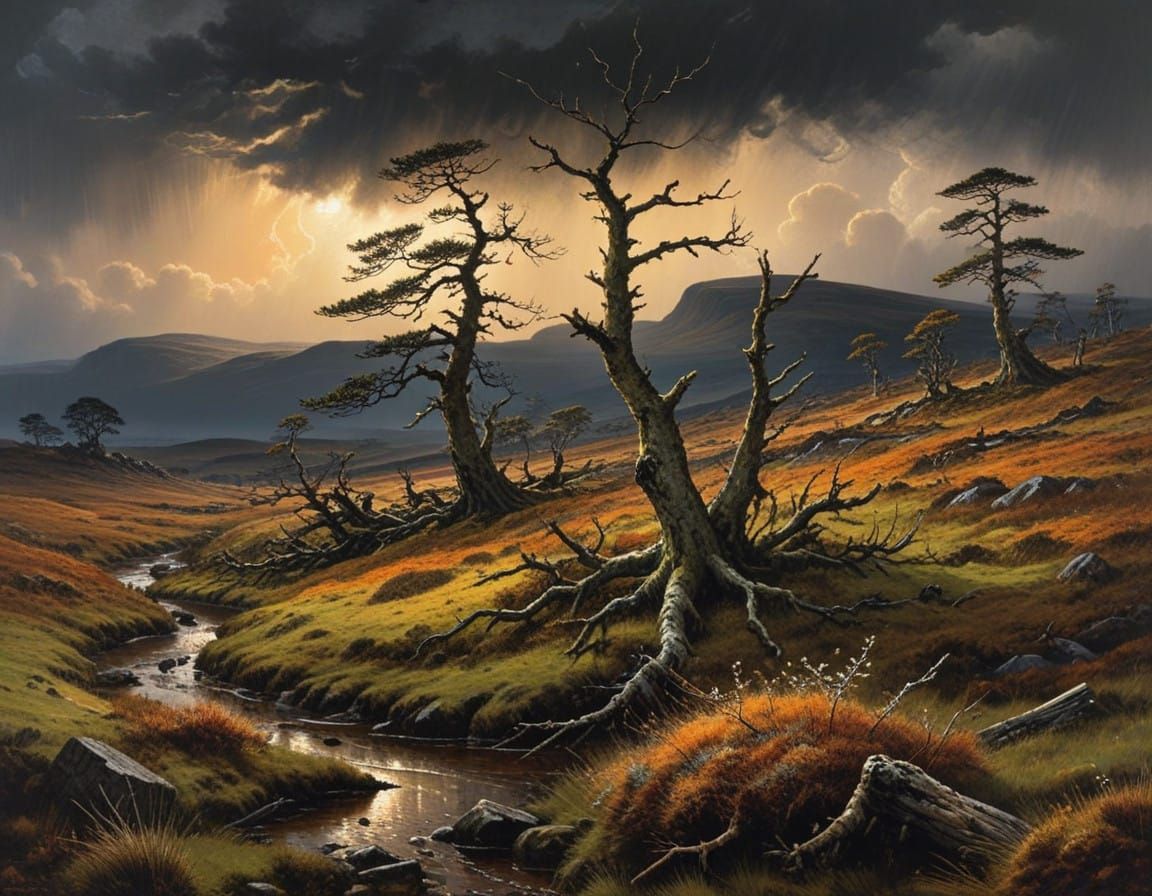 Moorland Pines in Turbulent Stormy Weather