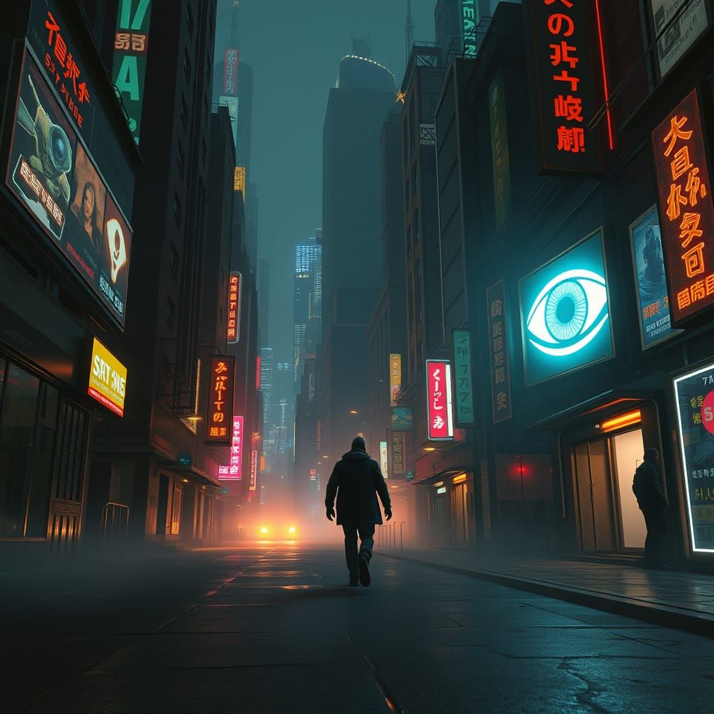 Cyberpunk Dystopian Figure Flees from Omnipresent Eye