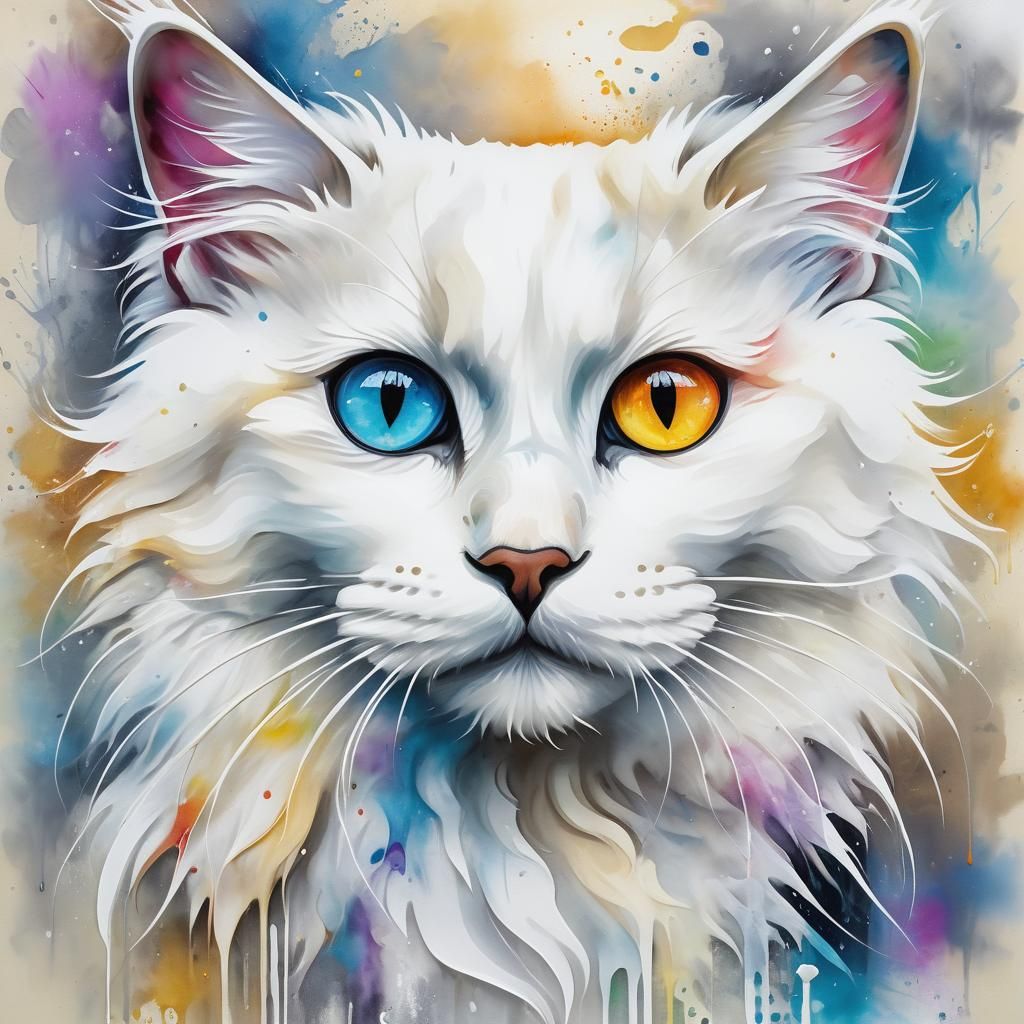Fluffy White Cat with Prismatic Eyes in Impasto Style