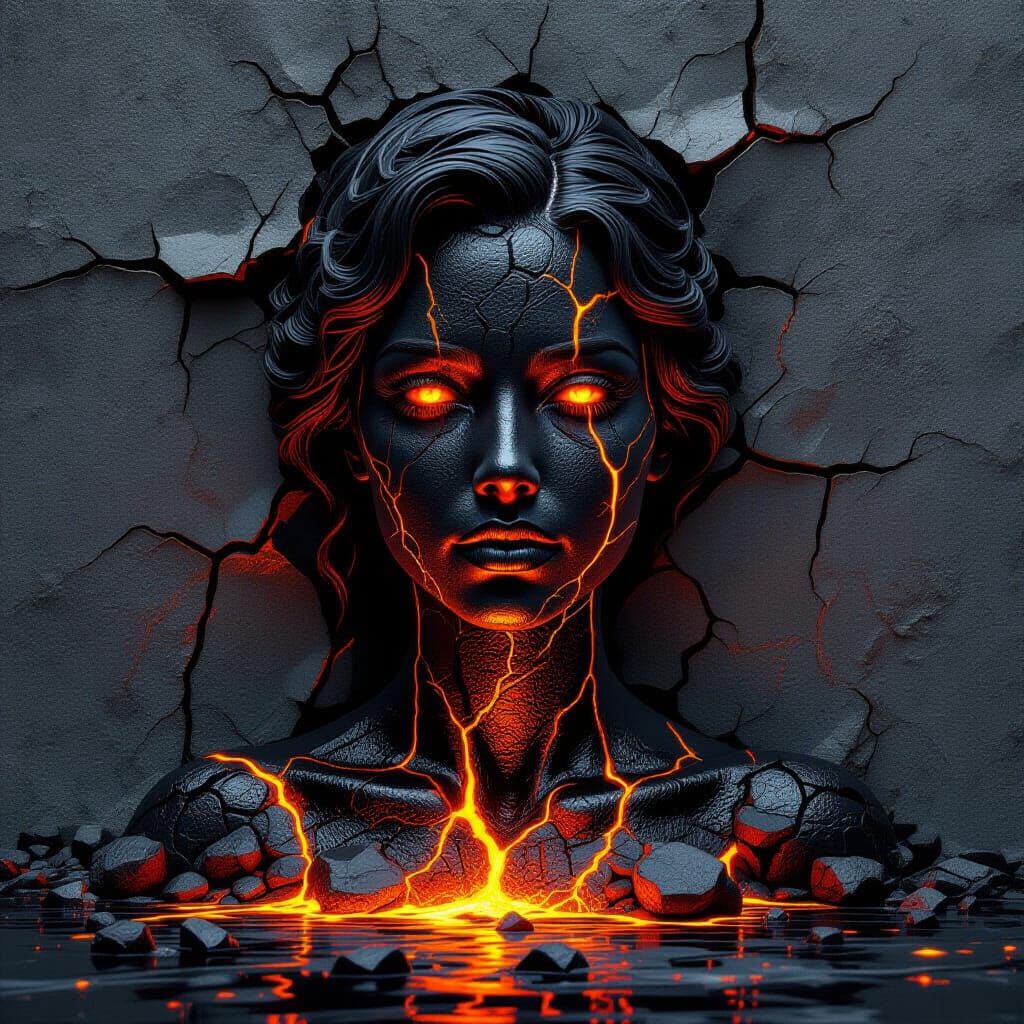 Surreal Woman Portrait: Lava Face, Obsidian Bust