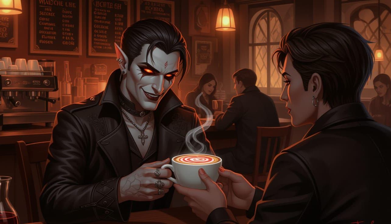 Vampire Barista Serves Sinister Cappuccino in Dim Café