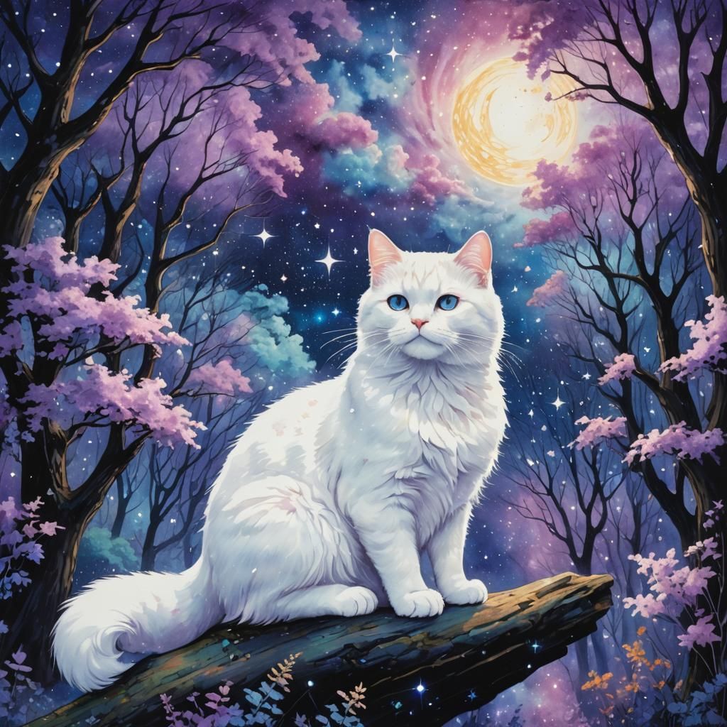 White Cat in Forest Under Nebula Sky