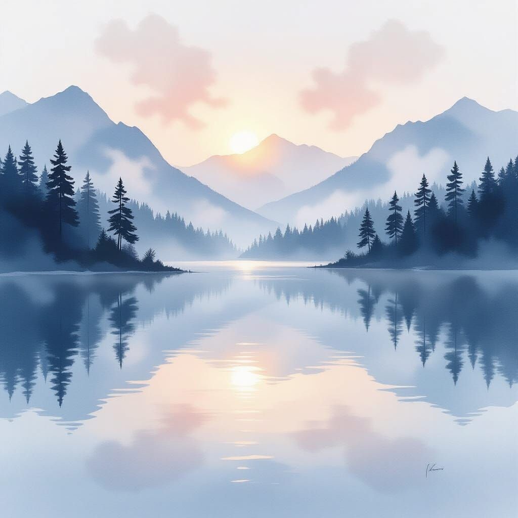 Serene Mountain Lake at Dawn in Watercolor Style
