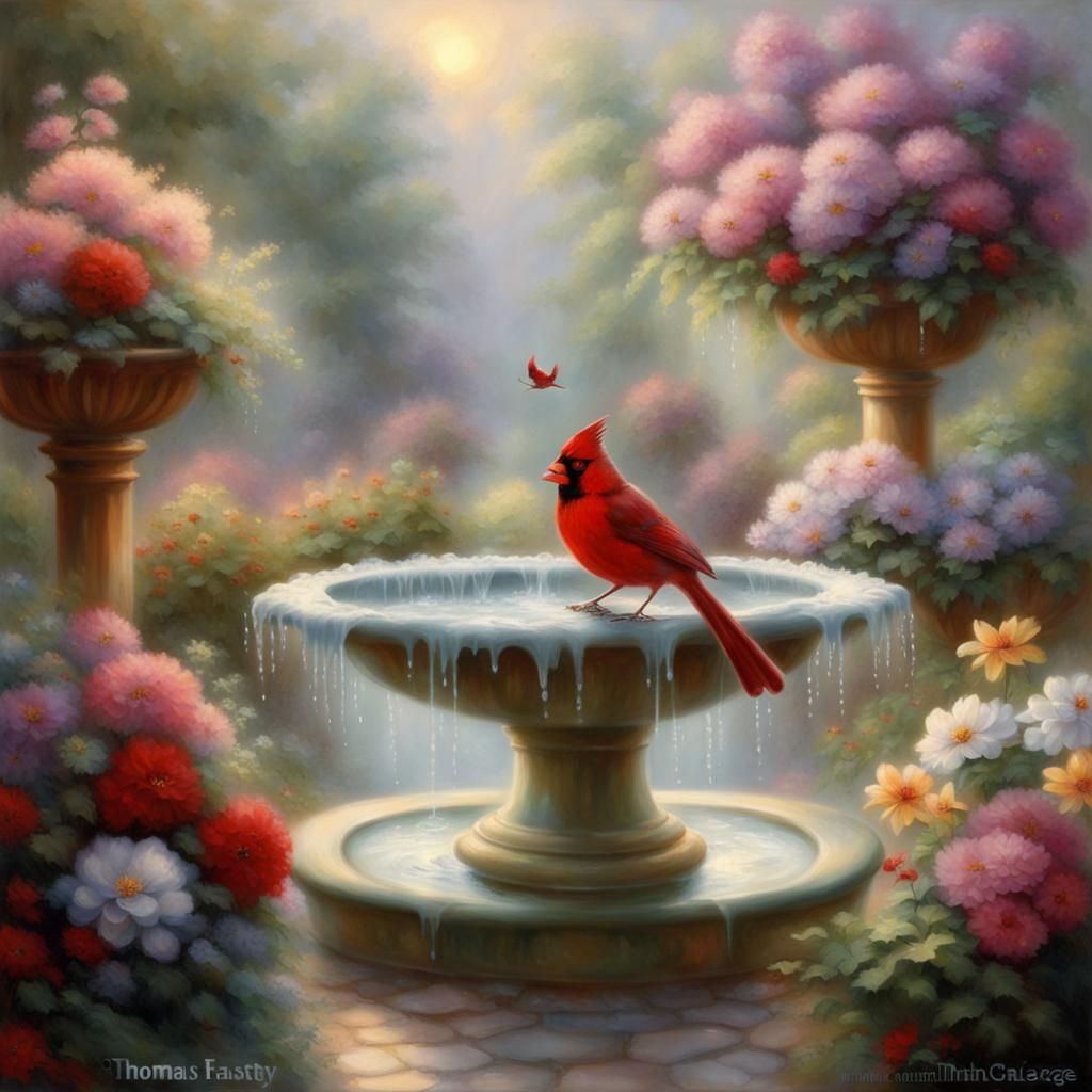 Cardinal in Ethereal Birdbath Fantasy