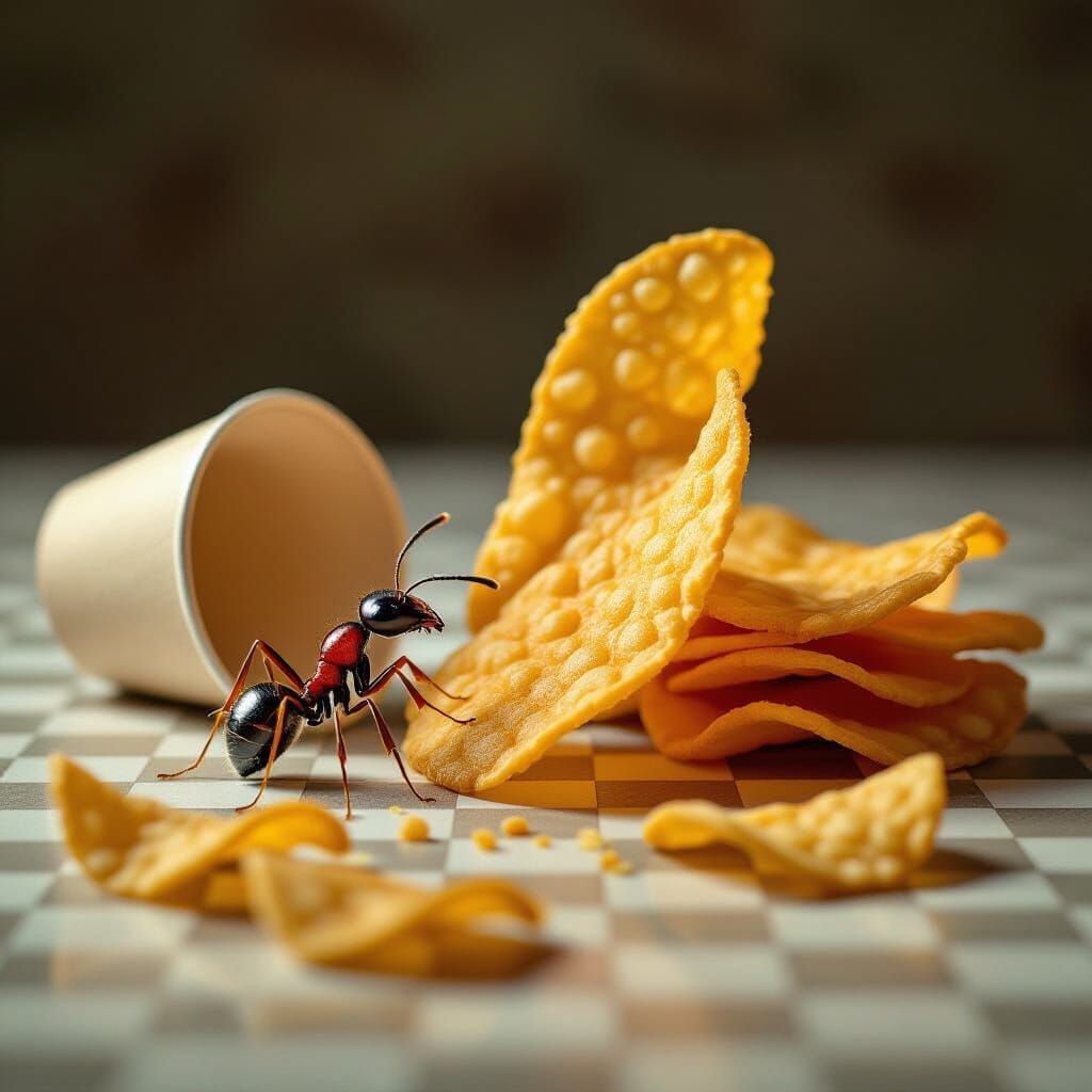 Ant Lifting Potato Chip: Detailed Macro Photograph