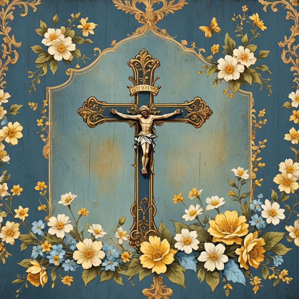 Blue Banner with Antique Yellow Cross and Flowers