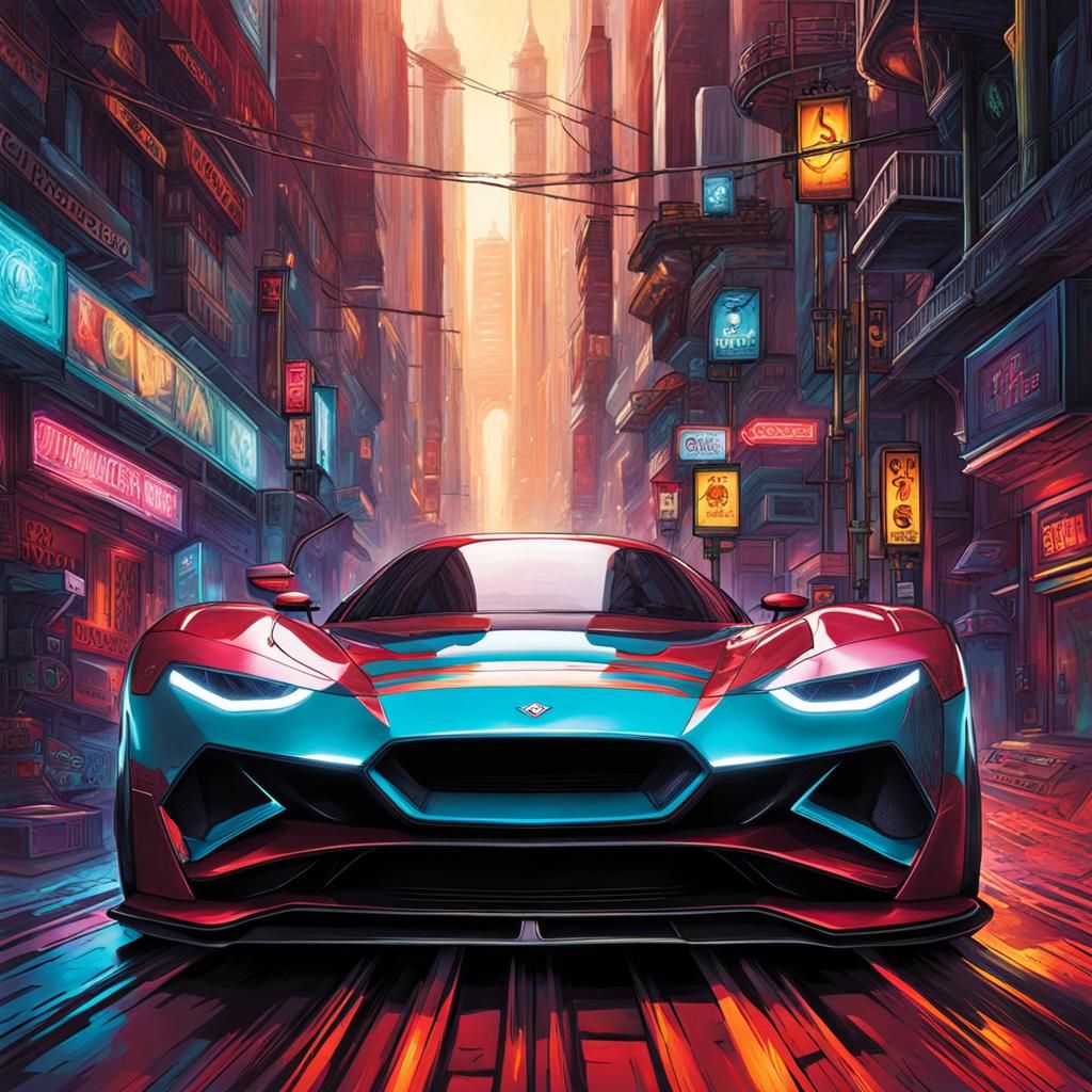 Glowing Cyberpunk Car Racing Through Cityscape