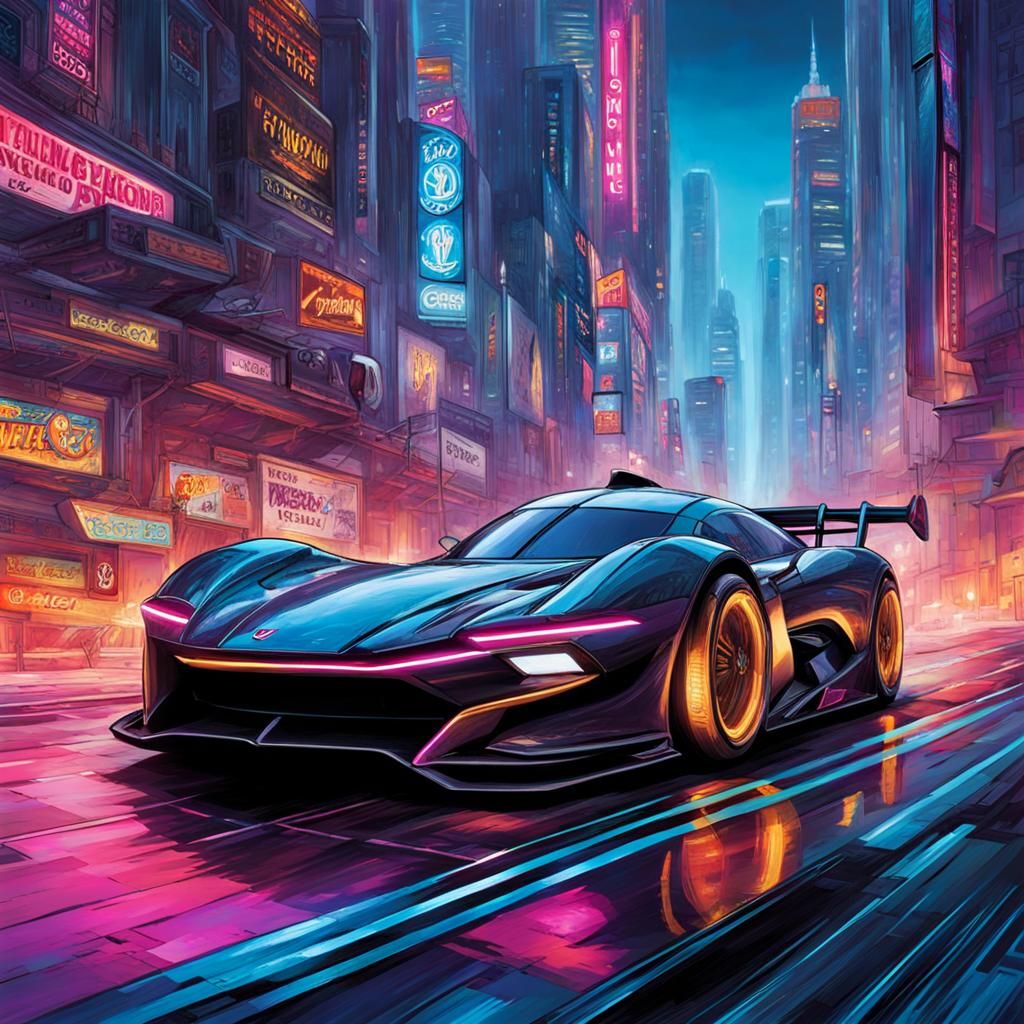 Cyberpunk Racing Car in Glowing Cityscape