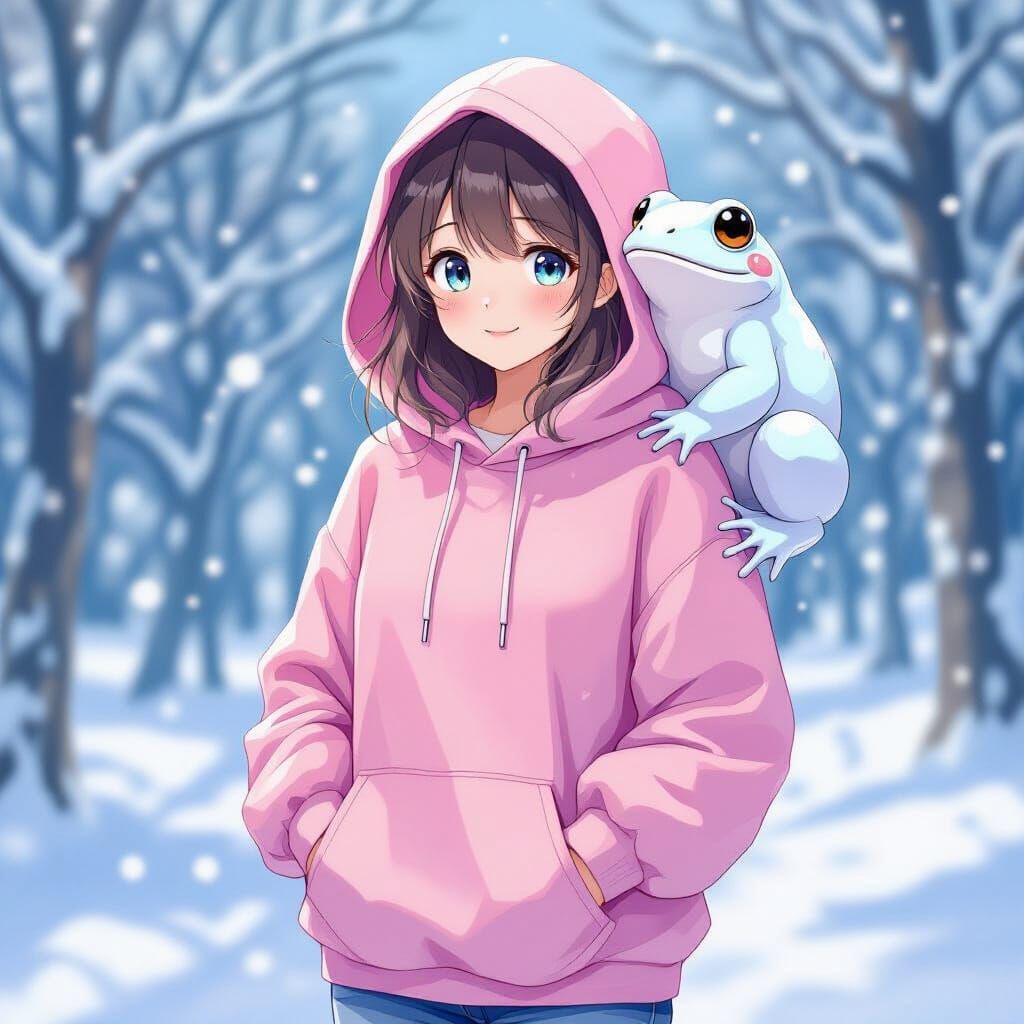 Anime Girl with Snowy Frog in Whimsical Winter Scene