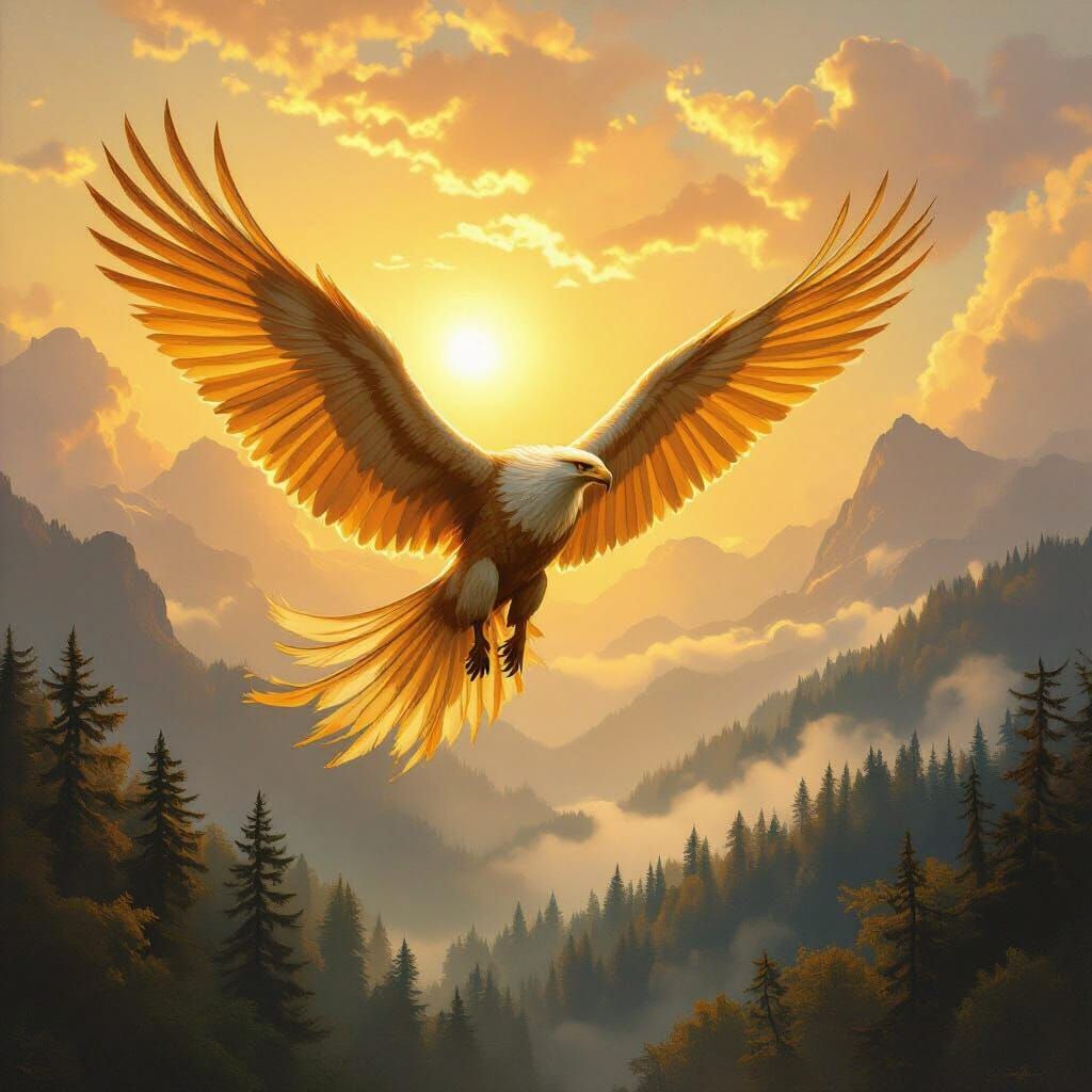 Griffin Soaring Through Sunlit Sky as Oil Painting
