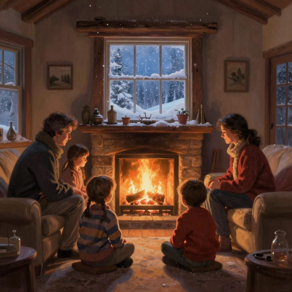 Cozy Winter Family Gathering by Fireplace