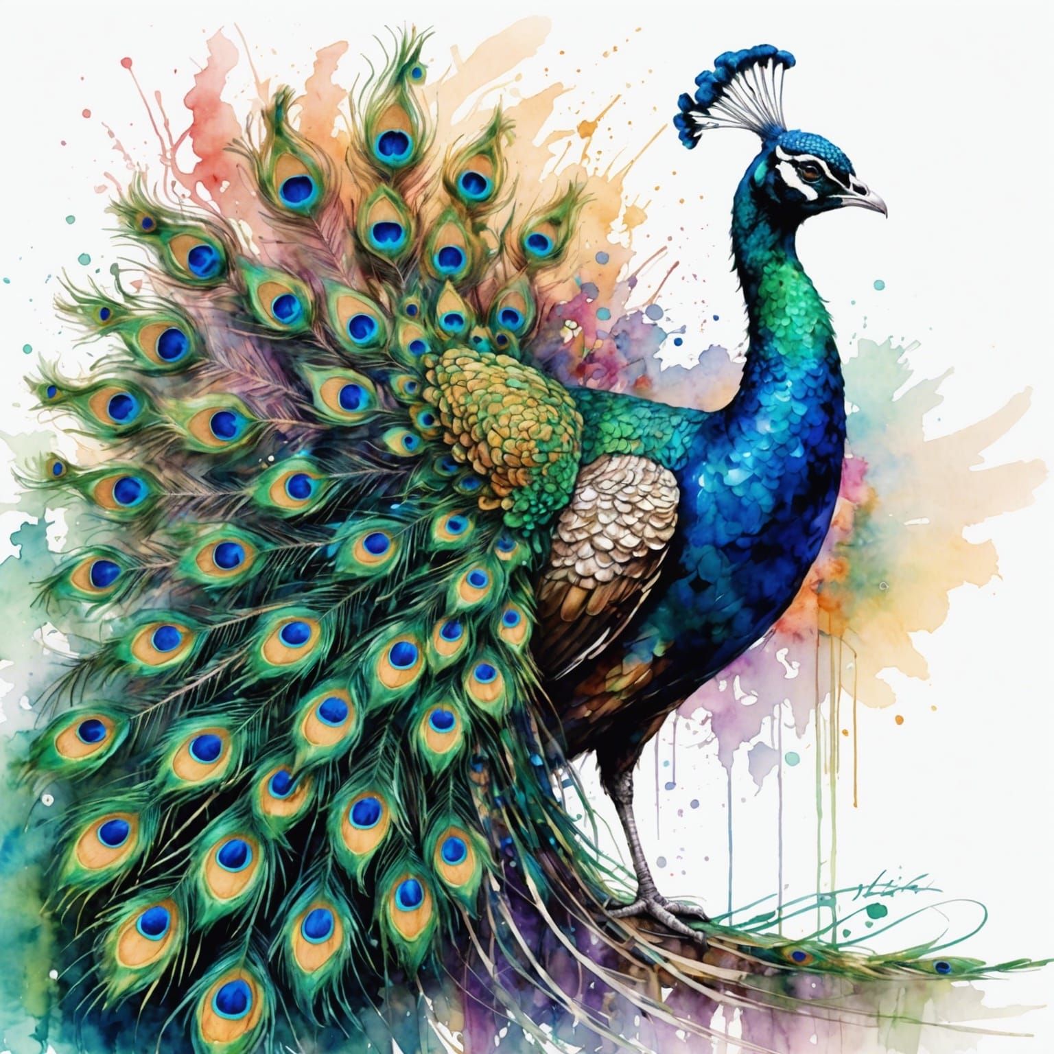 Rainbow Peacock Watercolor Art, Volumetric Lighting