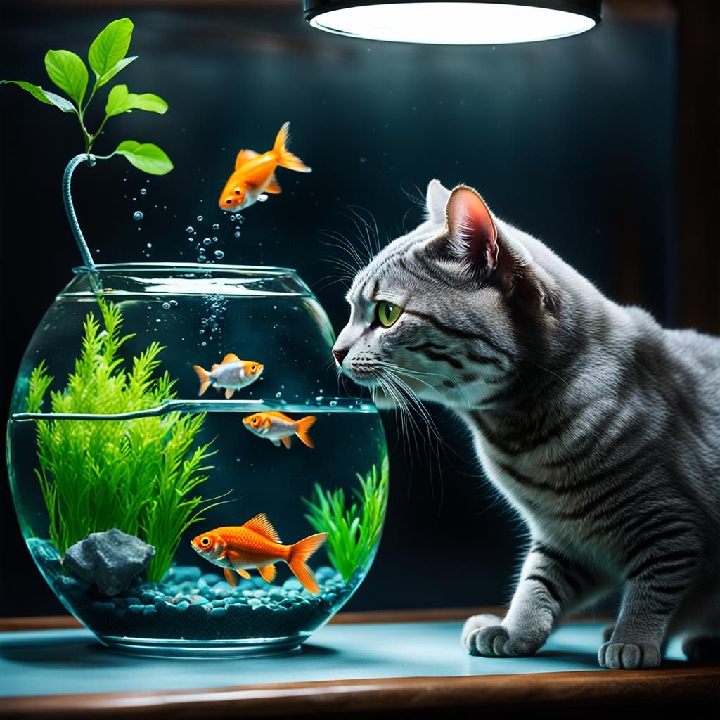 Sinister Grey Cat Feeds Fish in Tank