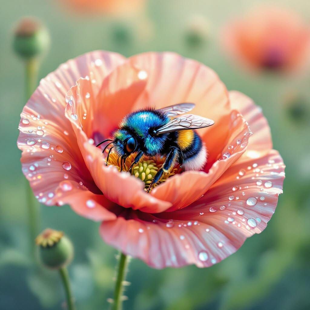 Dreamlike Bumblebee Sleeping in Poppy Flower