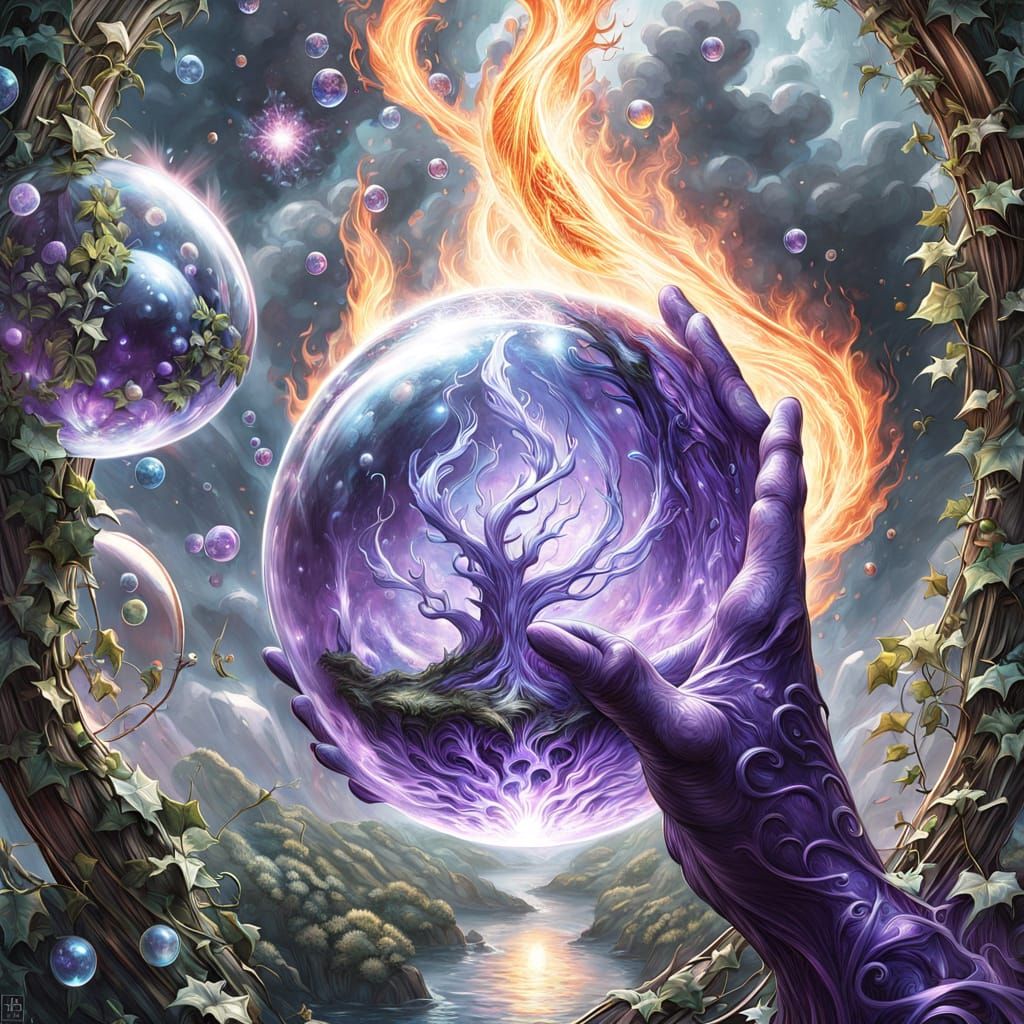 Surreal Fantasy World with Twining Ivy and Fiery Elemental