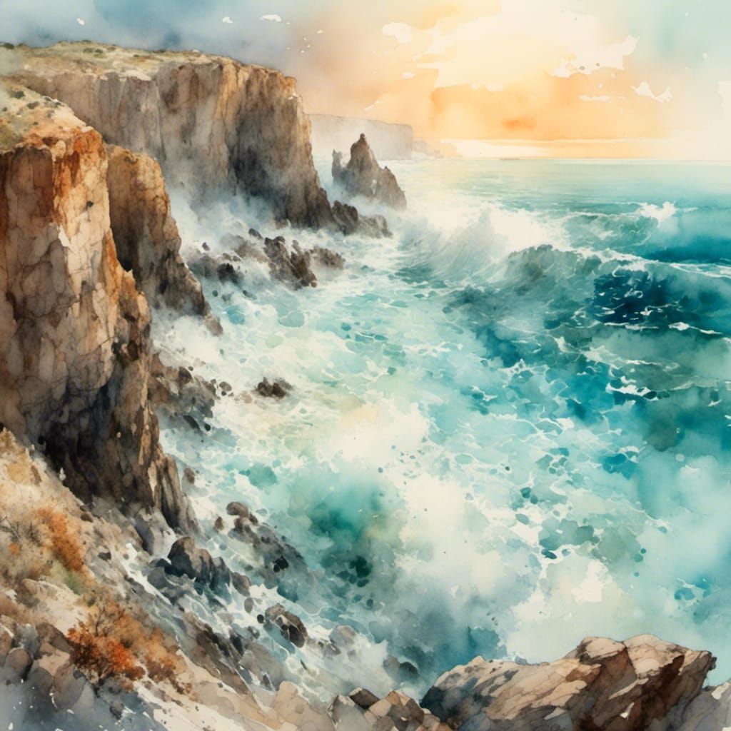 Oregon Coast Seascape: Watercolor Cliffs and Waves