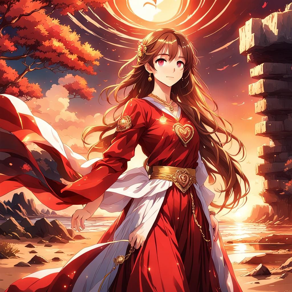 Anime Style Woman in Red Dress on Beach