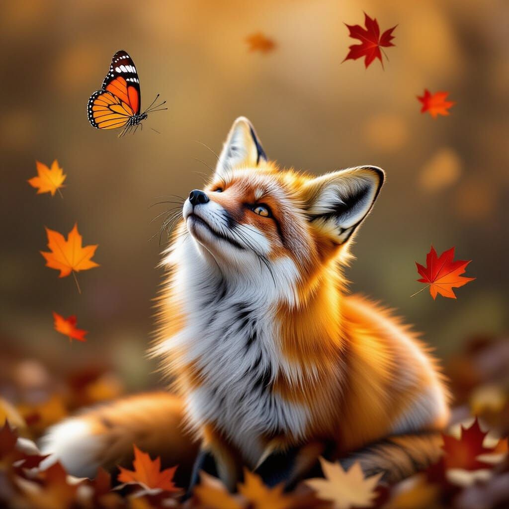 Autumn Fox and Butterfly Digital Illustration