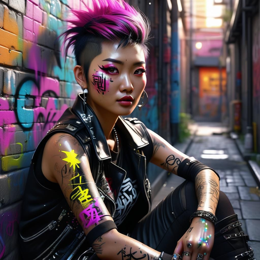 Asian Punk Graffiti Artist in Alleyway: Digital Art