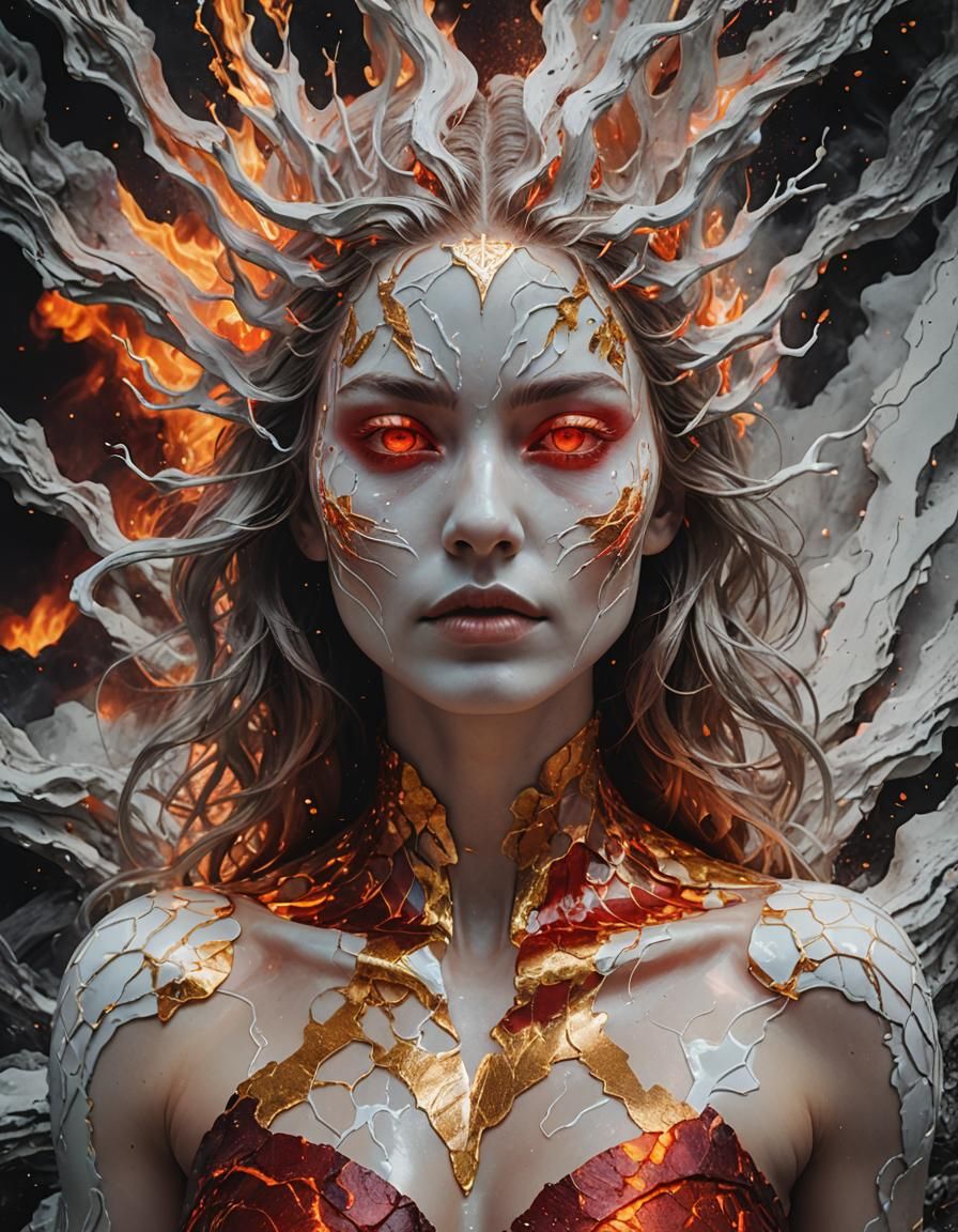 Fiery Superhero Woman Rises from Lava