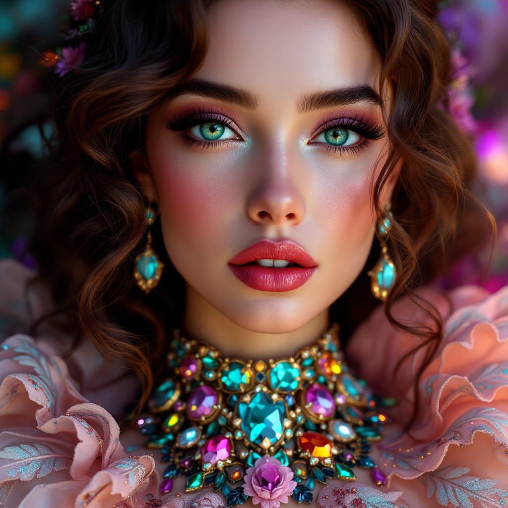 Vibrant Portrait of Woman in Embroidered Gown