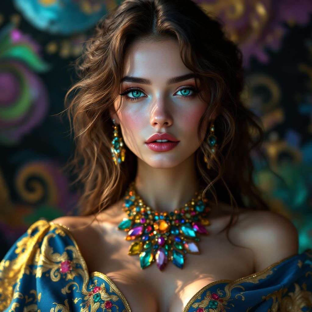 Vibrant Digital Portrait of Woman in Brocade Gown