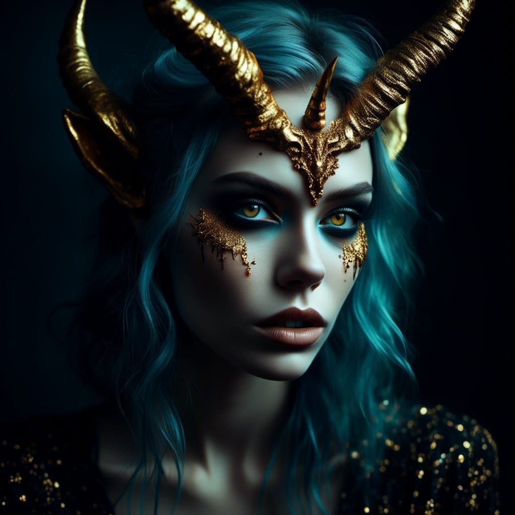 <lora:SuperHyperrealism:1.0> image of a beautiful human demon hybrid with golden horns, one hand on her face, lips sligh...