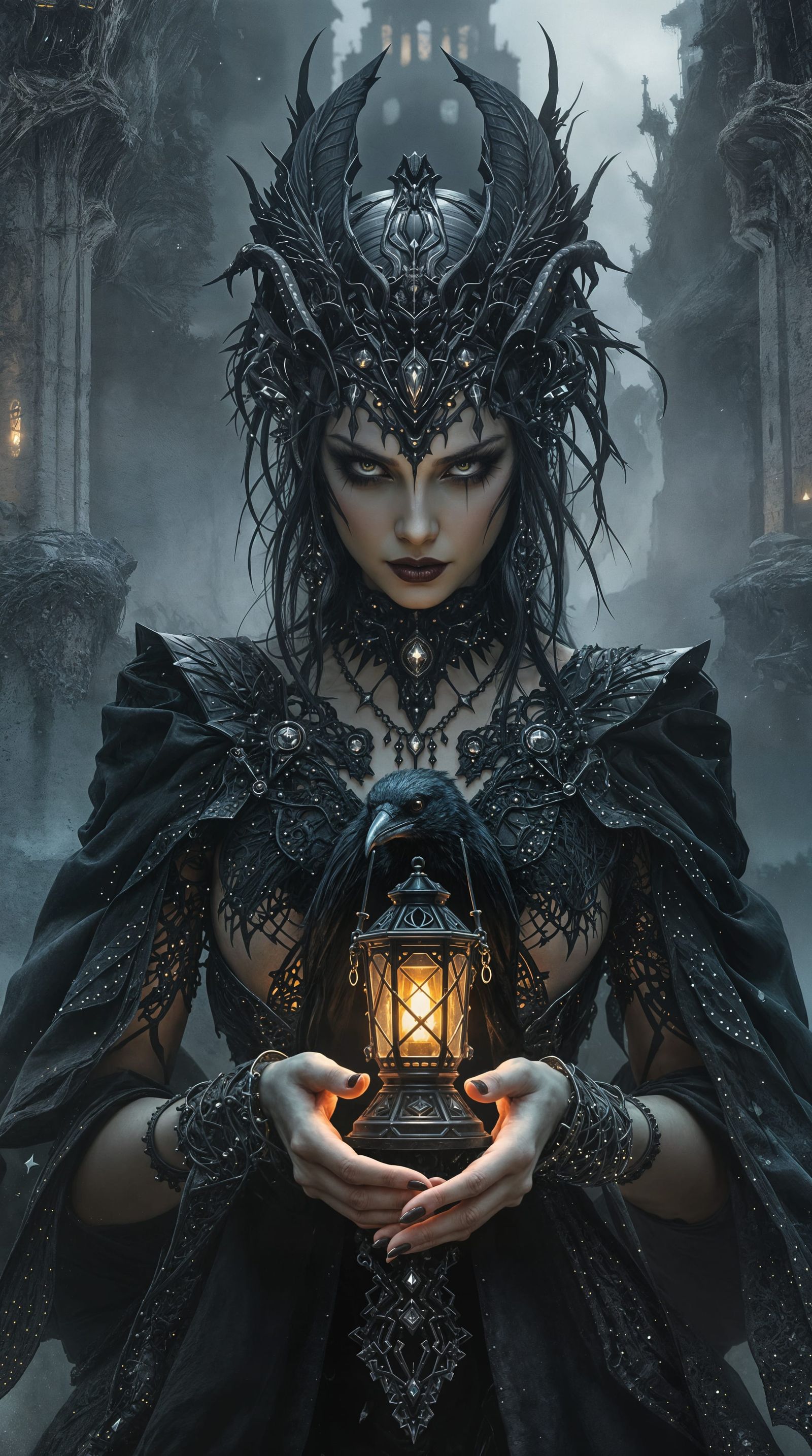 Dark Fantasy Realism Masterpiece of a Woman with Raven in Go...